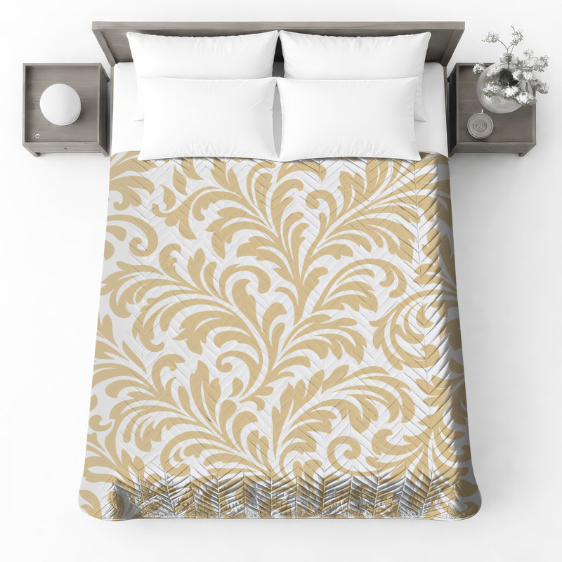 Beige Floral Damask Quilted Thin Bedspread, Queen