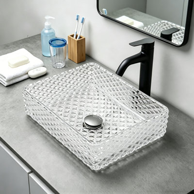 Lavabo vasque rectangulaire en verre trempé de 17,5 po x 13 po, lavabo de salle de bain au-dessus du comptoir à motif de diamant, lavabo en verre transparent avec bonde