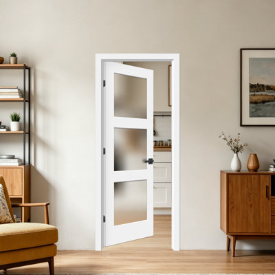 Aucune balançoire pré-montée pré-assemblée avec porte battante en bois manufacturé en verre trempé givré blanc 3-lite avec cadre 4-9 / 16 po