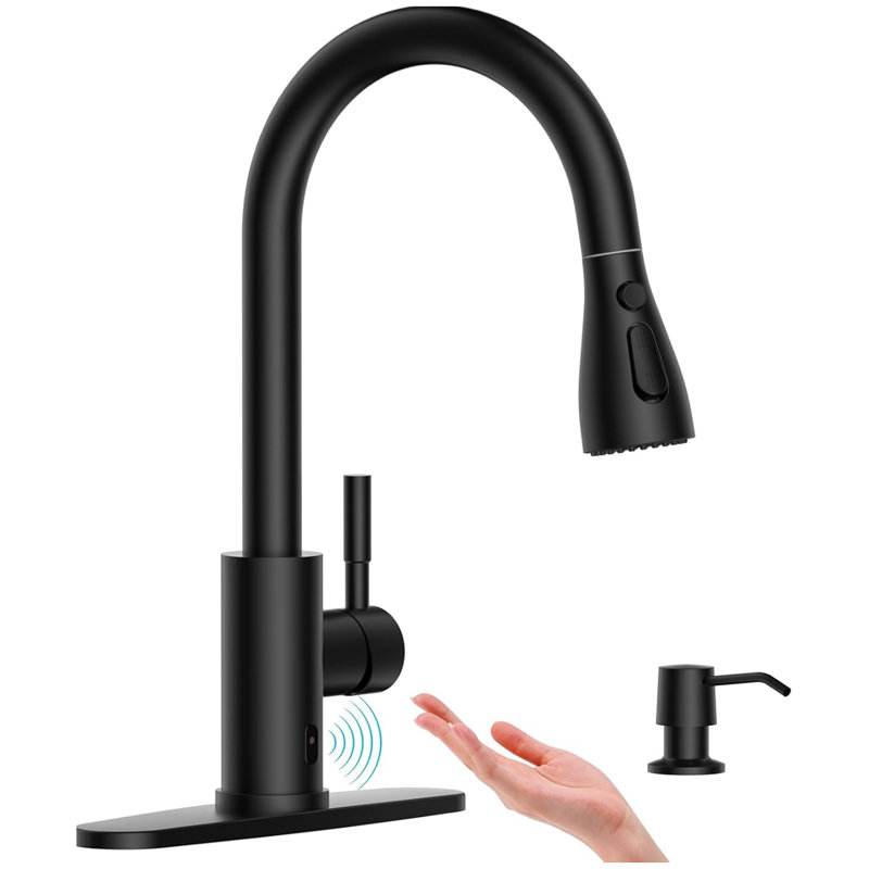 Robinet de cuisine à poignée simple en acier inoxydable avec distributeur de savon, Noir mat