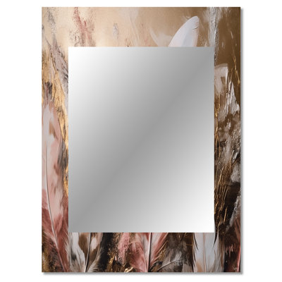 Gold Glamorous Feathers Of Boho Fantasy III - Glam Feather Decorative Mirror, Gold Large Wall Mirror, Printed Metal Art