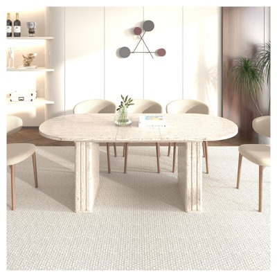 Table de salle à manger ovale extensible pour 4 à 8 personnes, table de cuisine beige avec bords arrondis