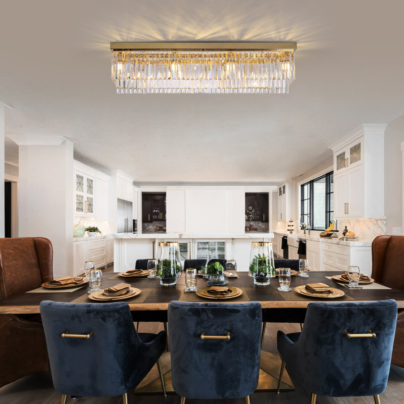 40" Rectangular Gold Crystal Flush Mount Ceiling Light, Hammered Gold K9 Crystal Chandelier For Dining Room, Kitchen, And Living Room