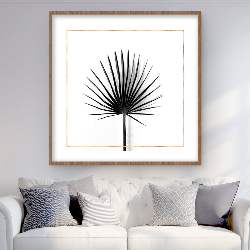 Impression de feuille de palmier chou avec lignes dorées - décor encadré noir, H 36 po x l 36 po, Brun
