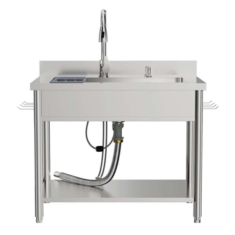 Évier utilitaire autoportant en acier inoxydable avec robinet escamotable à 360 °, boyaux et ensemble de drain - Évier à lessive à simple cuve 38,4 po pour le garage, la cuisine et le sous-sol