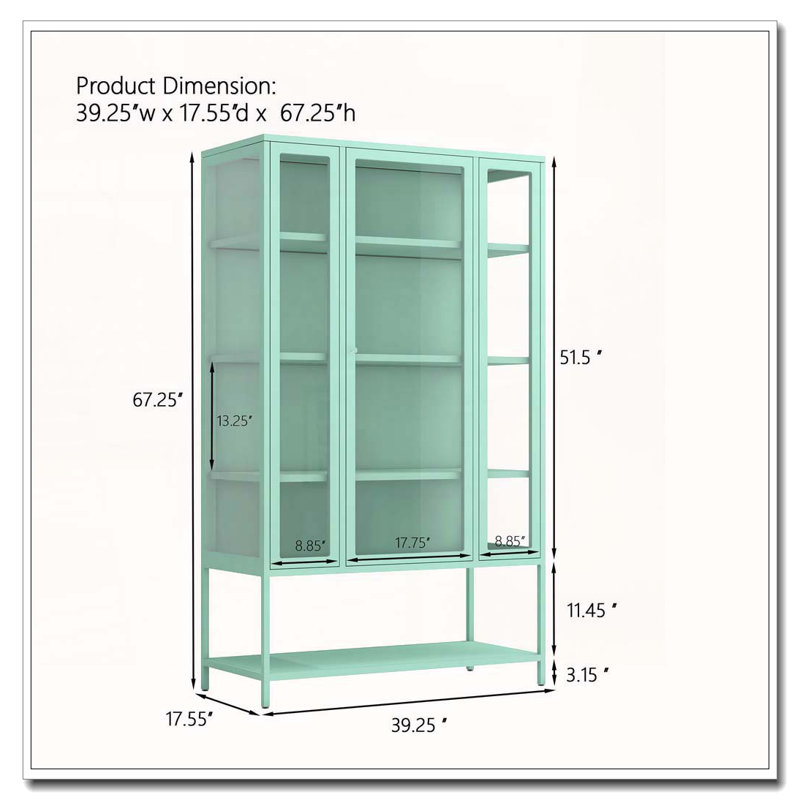 Vitrine en fer avec lumières DEL et verre à 3 côtés, Cyan