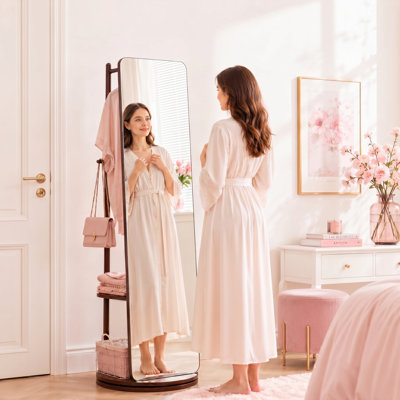 360° Swivel Full Length Mirror With Solid Rubber Wood Base And Storage Hooks