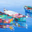 «Cinq bateaux bleus», reproduction sur toile tendue-978450251