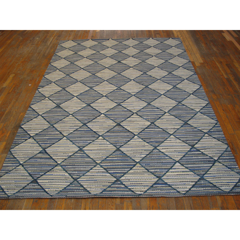 Tapis bleu / gris en laine noué à la main de conception unique 6 pi x 9 pi