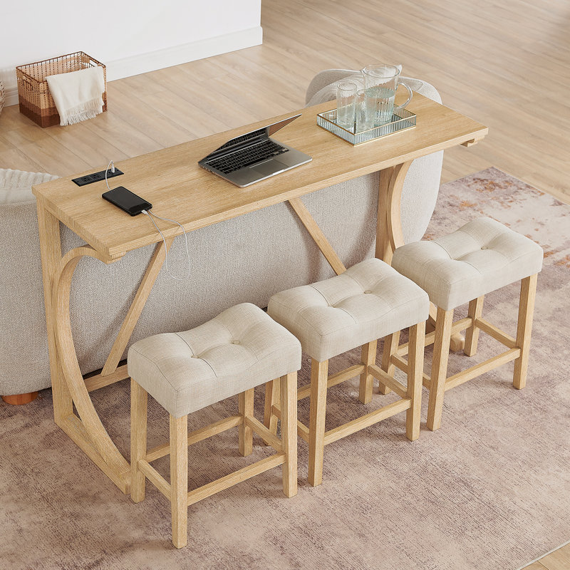 Ensemble de table et de chaises 4 pièces, table de salle à manger étroite avec prise de courant, 3 tabourets rembourrés
