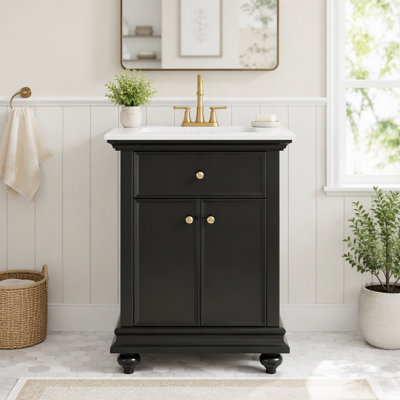 24" Modern Bathroom Vanity with A Tip-Out Drawer & Soft-Close Hinges, Bathroom Cabinet with Back Open Structure, Ball-Turned Legs with French Elegance