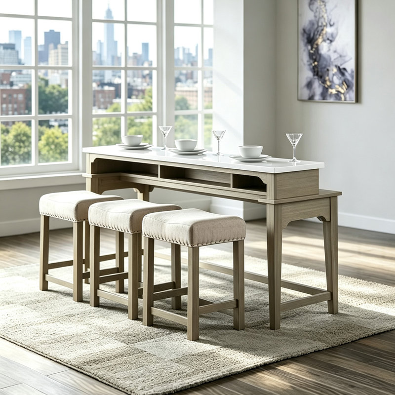 Ensemble de table haute en chêne rustique vieilli, plateau en marbre artificiel avec rangement et 3 tabourets rembourrés à clous décoratifs, bois (pin) et MDF