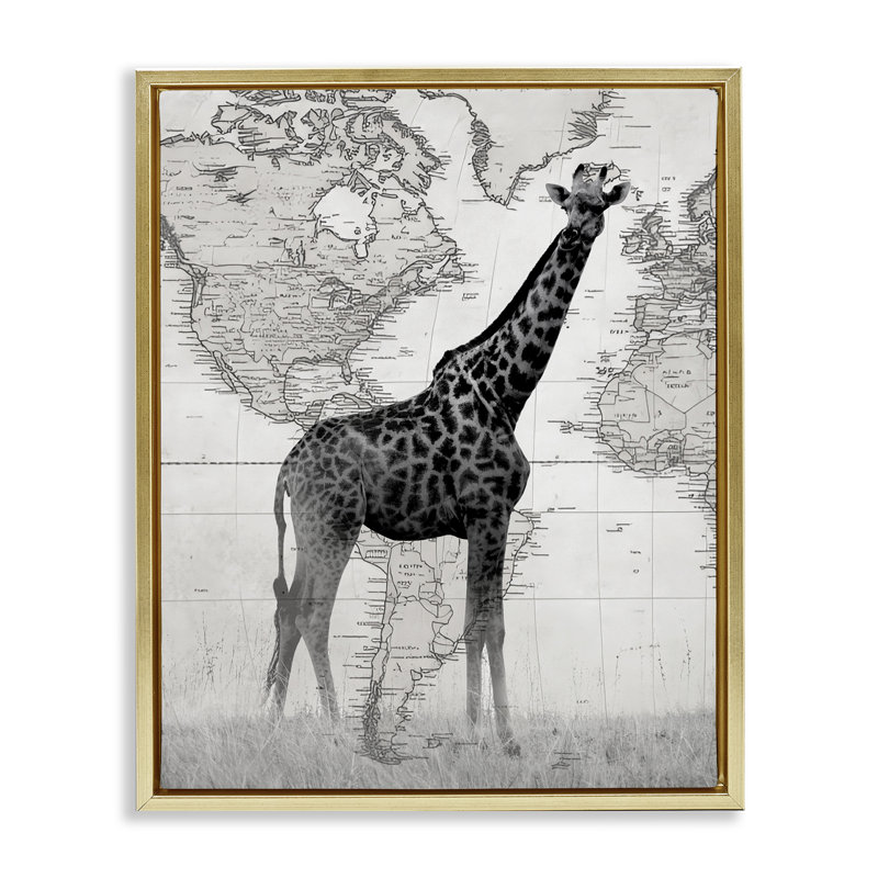 Girafe avec carte du monde rétro, Cadre flottant métallique doré, H 21 po x l 17 po