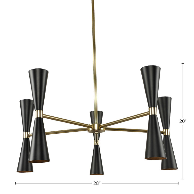 Milo 12 LT Matte Black w/ Vintage Brass Chandelier Kalco, Black And Vintage Brass