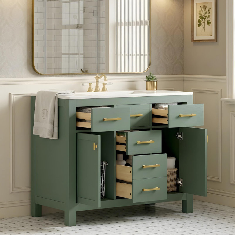 Meuble-lavabo de 36 po avec lavabo en céramique et espace de rangement polyvalent, Vert