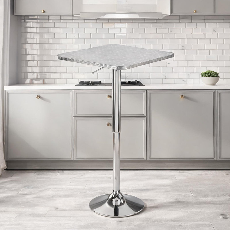 Table de bar réglable avec base à piédestal, plateau en aluminium argent poli, carré, 25,5 x 25,5, sièges 4