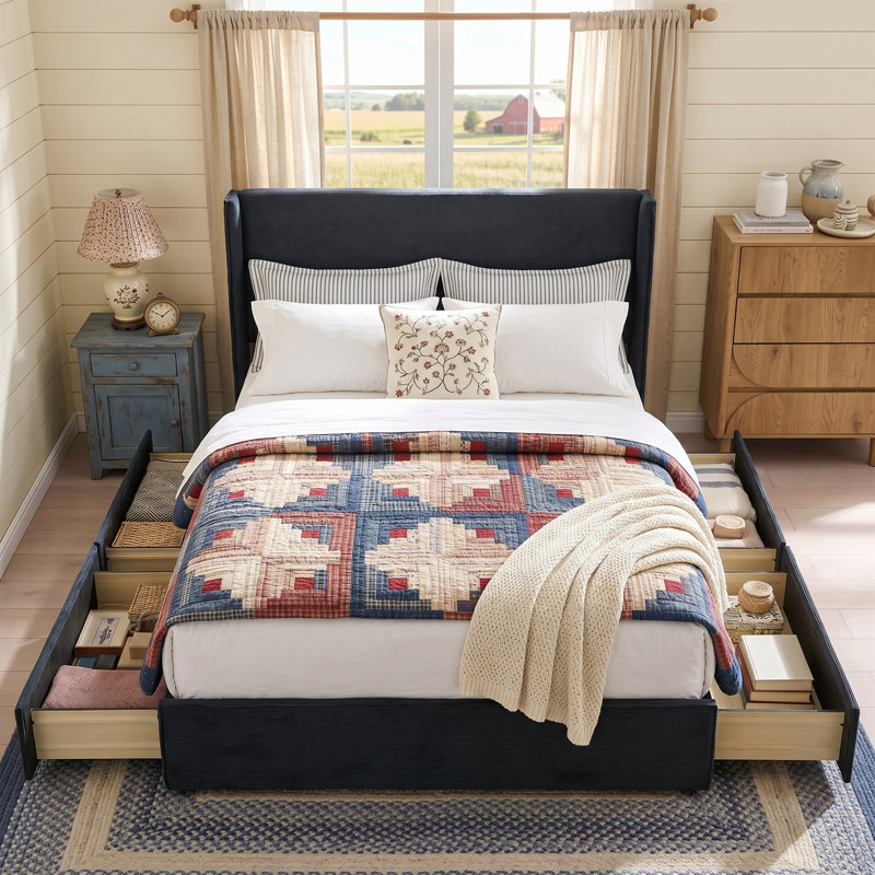 Modern Wingback Upholstered Platform Bed, Black, Full / Double
