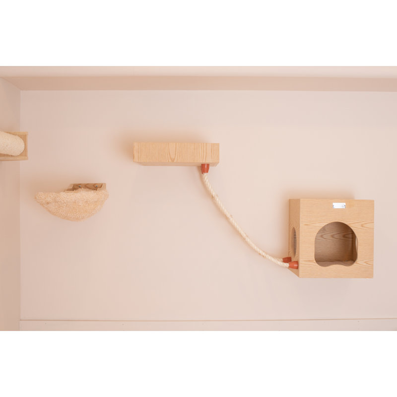 Natural Wood Wall-Mounted Cat Tree with Condo and Perch