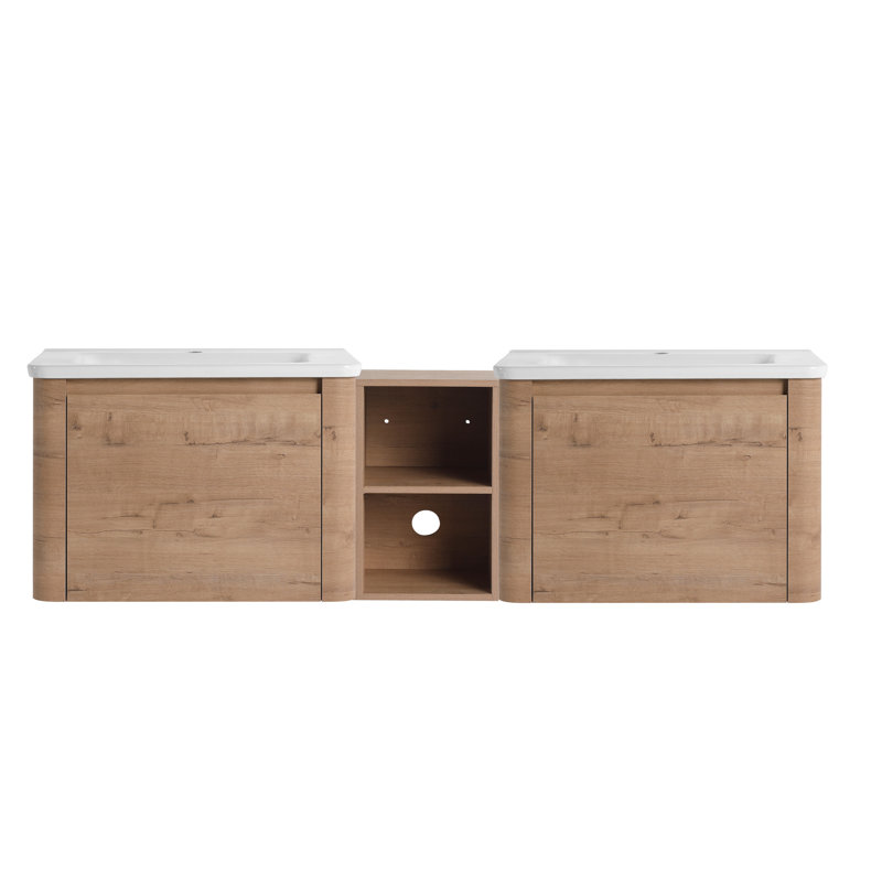 Meuble-lavabo mural, lavabo en céramique blanche, tablettes de rangement, porte à fermeture en douceur, rebords arrondis à surface grattée