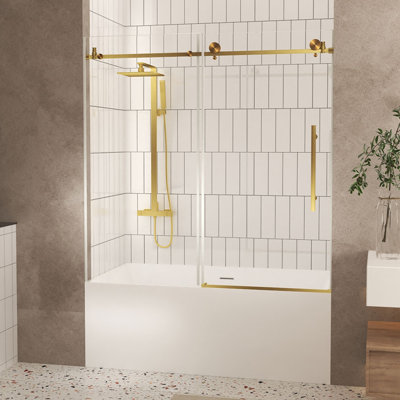 Porte de douche sans cadre l 56 à 60 po x H 60 po, verre trempé transparent de 1/4 po (6 mm), film antidéflagrant, poignée en acier inoxydable