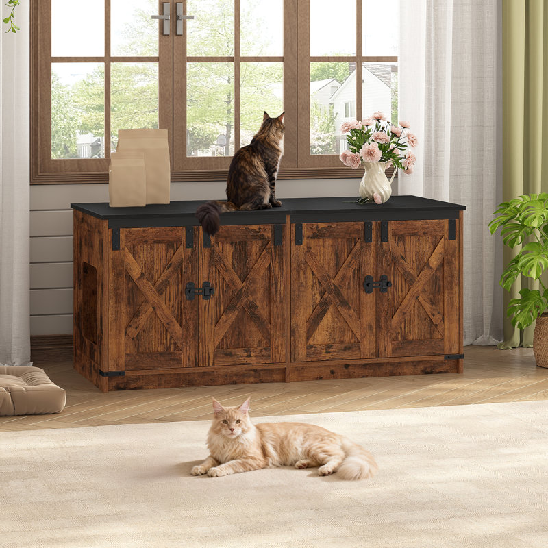 Enceinte de litière pour chat pour 2 chats, armoire à litière cachée avec chambre double, maison de chat d'intérieur, style campagnard, brun rustique 46,7 x 18,9 x 21,1 pouces