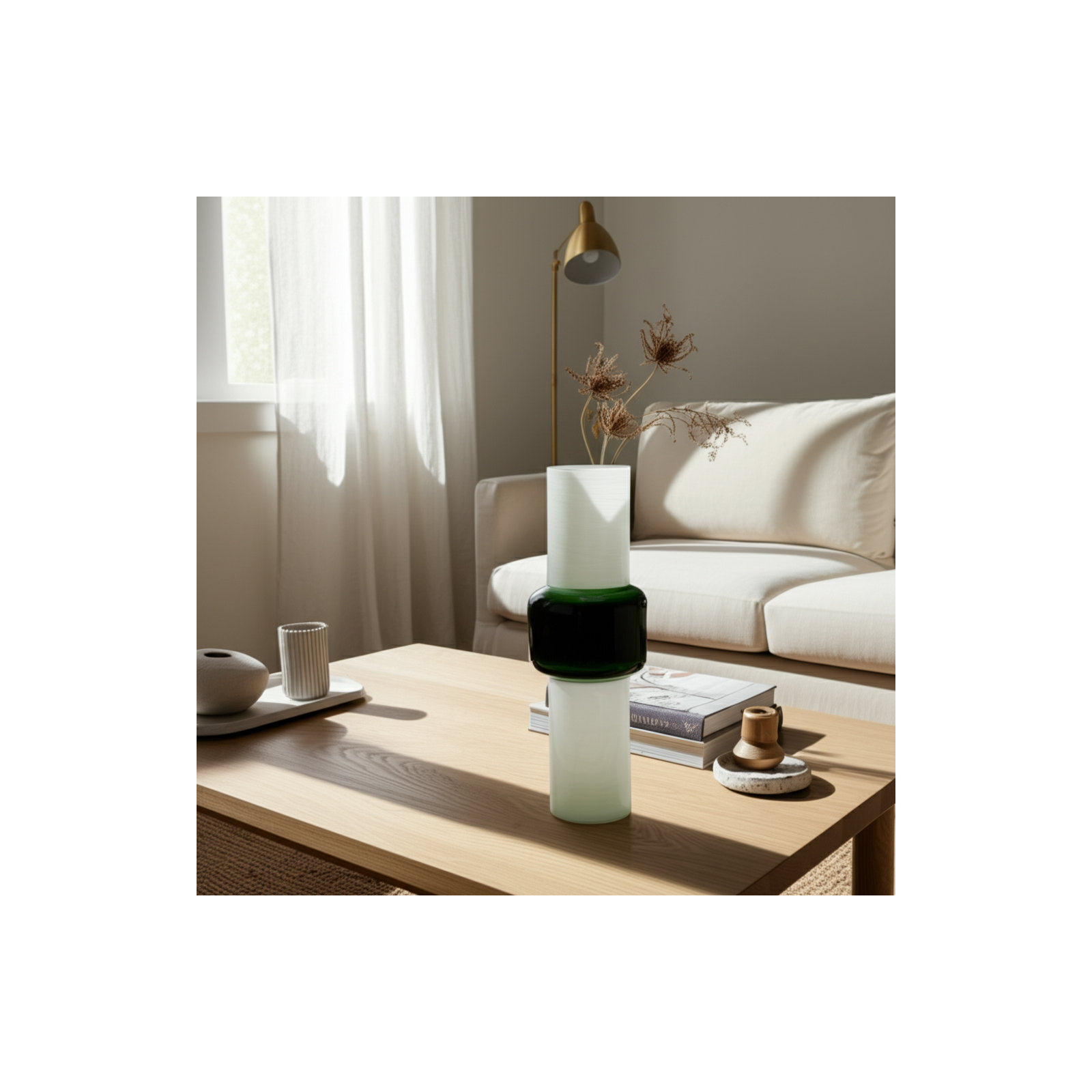 Lester Handmade Glass Table Vase, White/Green, 19" H x 7" W x 7" D