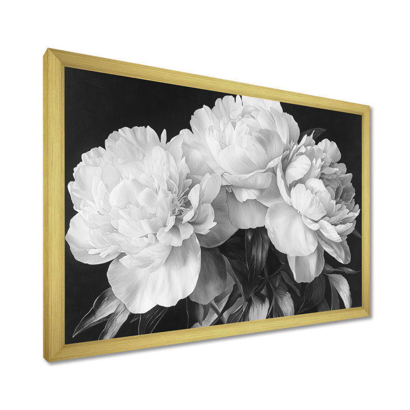 Pivoines en blanc et noir - impression sur toile encadrée de pivoines, H 30 po x l 40 po, Picture Framed, Doré
