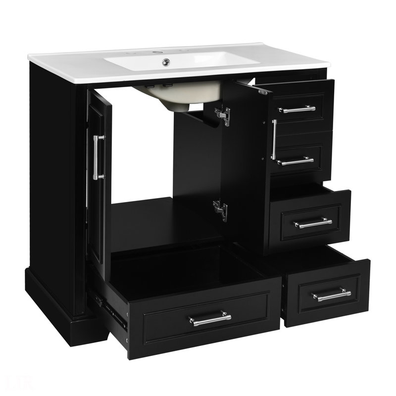 36" Traditional Bathroom Vanity With Ceramics Sink , Black Bathroom Cabinet With Two Soft Close Doors And Four Drawers, Bathroom Vanity