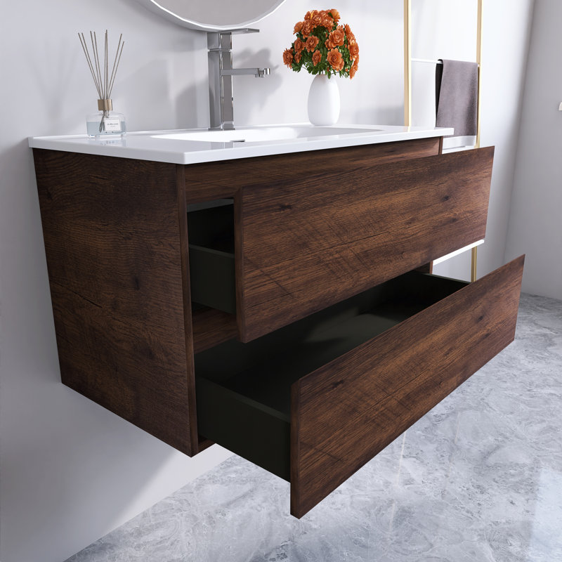 Meuble-lavabo flottant 30 po avec lavabo en céramique blanche et grand rangement blanc brillant, Brun, 36"