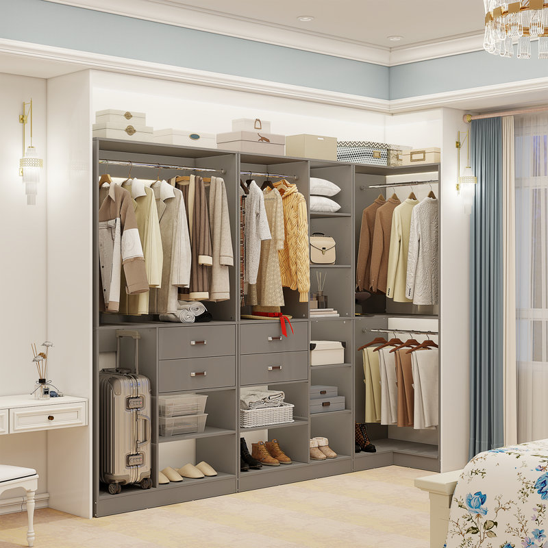 Selestina 110'' Closet System with Wooden Drawers, Gray