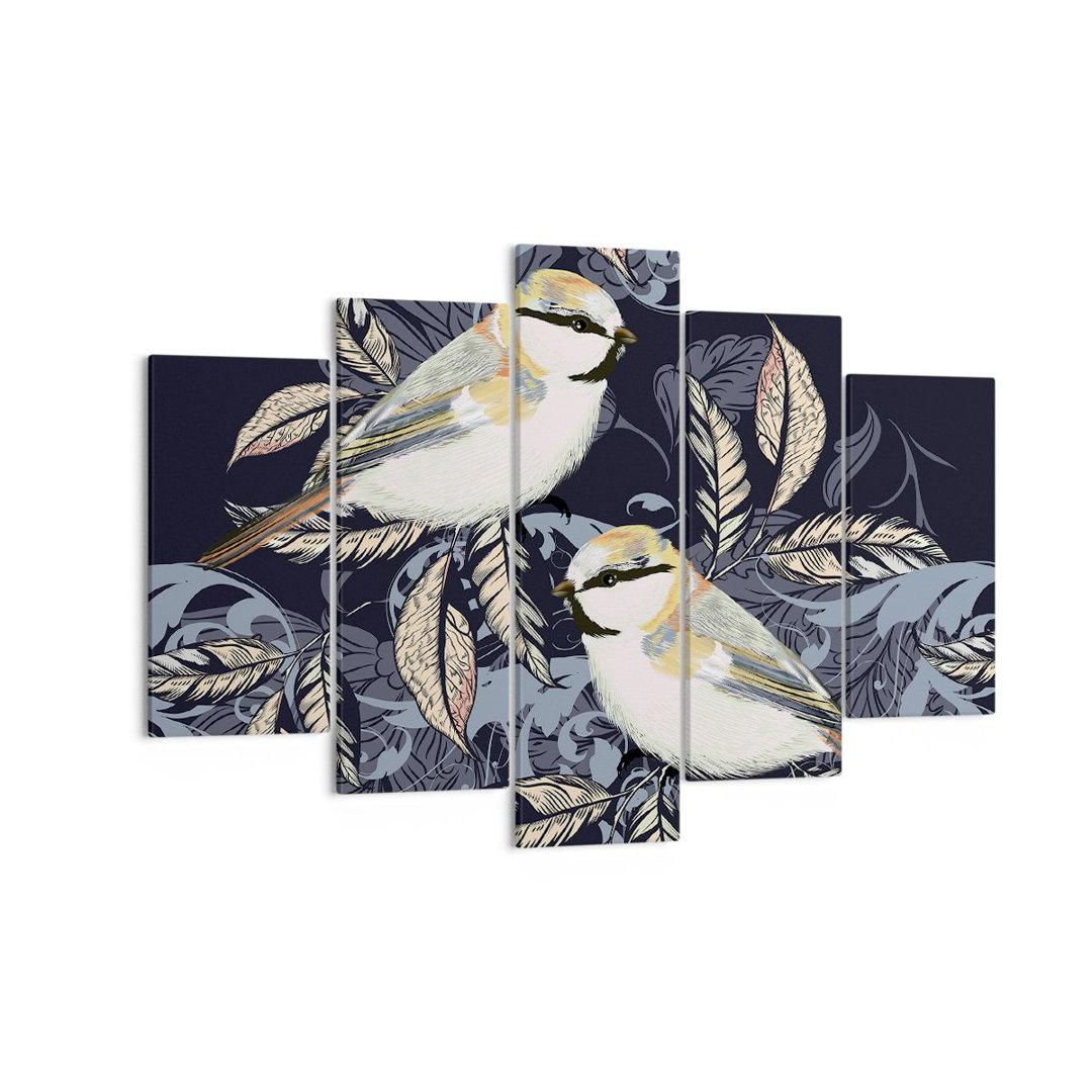 5-tlg. Leinwandbilder-Set Birds Leaves Ornament