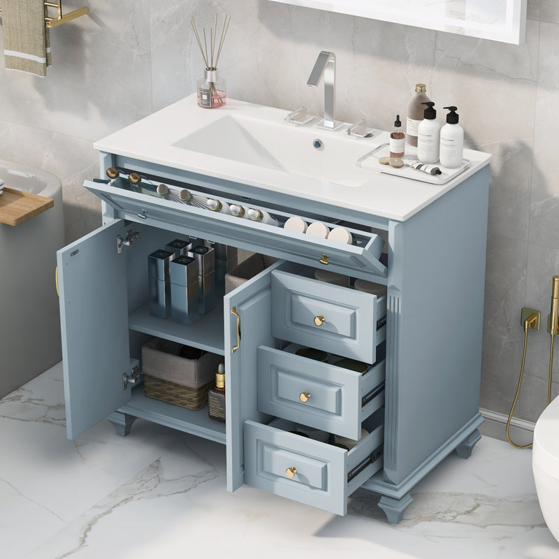 Meuble-lavabo 36 po avec lavabo, Doré, Bleu gris