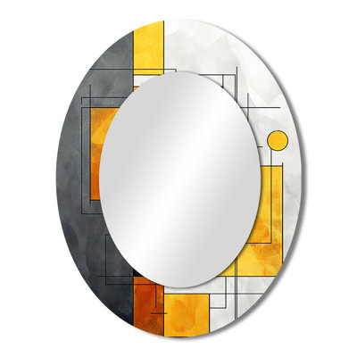 Yellow And Grey Geometric Fusion 6 - Yellow Modern Oval Wall Mirror
