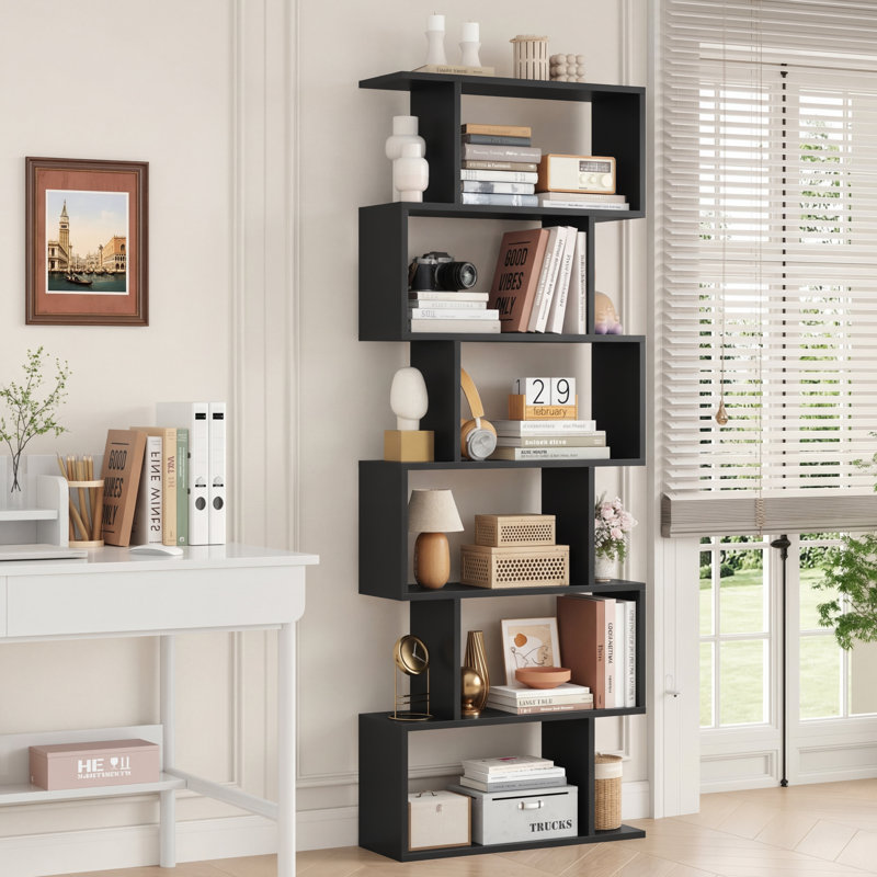 Bibliothèque géométrique H 75 po x l 27,6 po Hermoth, étagère de rangement à 6 niveaux, présentoir contemporain Hermoth, Noir