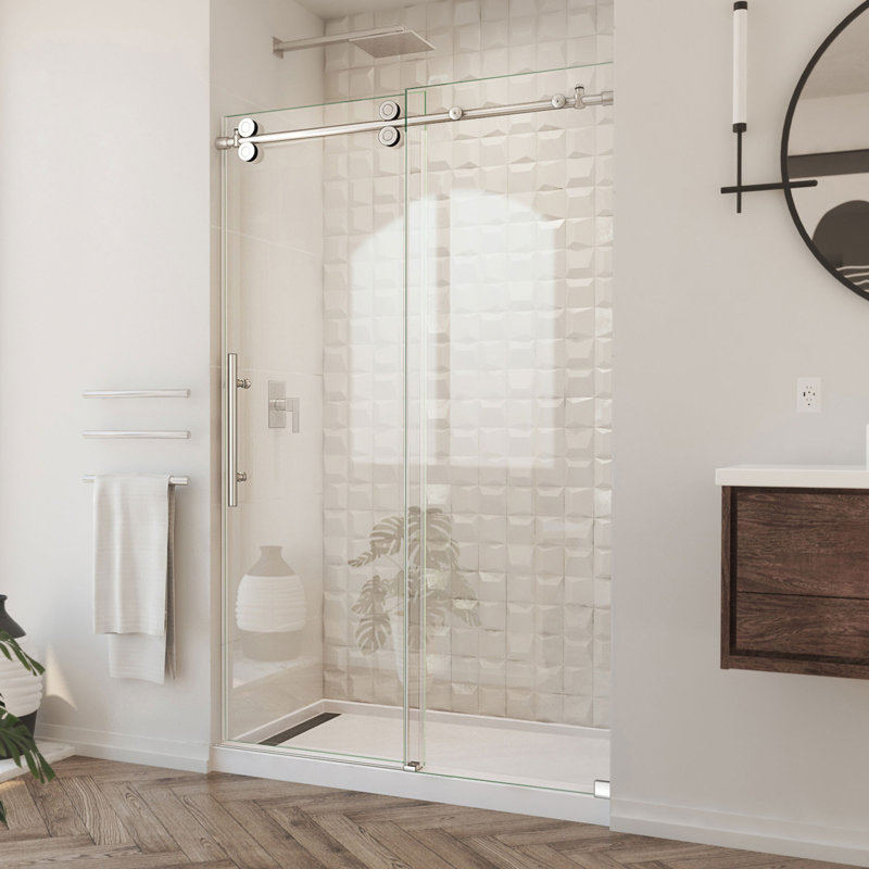 Enigma-XO 44" W x 76" H Single Sliding Frameless Shower Door with ClearMax™ Technology, Brushed Stainless Steel