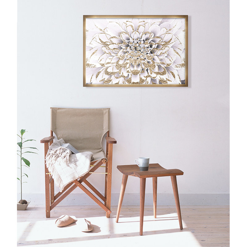 Impression sur toile tendue, "Floralia Blanc", 26" H x 38" W x 0.5" D, Encadré, Or