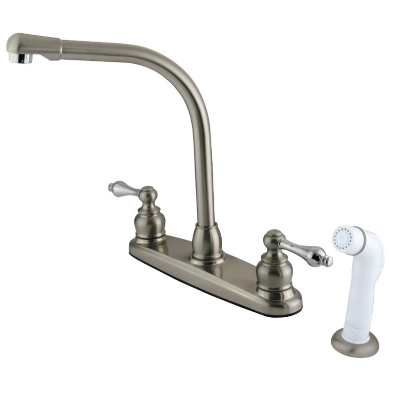 Kingston Brass Victorian Two-Handle 4-Hole 8" Centerset Kitchen Faucet with Side Sprayer, Brushed Nickel/Polished Chrome