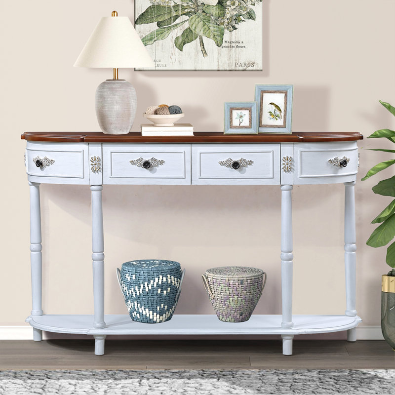 Retro Curved Wood Console Table, 52 Inch Circular Half Moon Sofa Table With Open Shelf And 2 Drawers, Solid Wood Entry Table For Living Room, Hallway