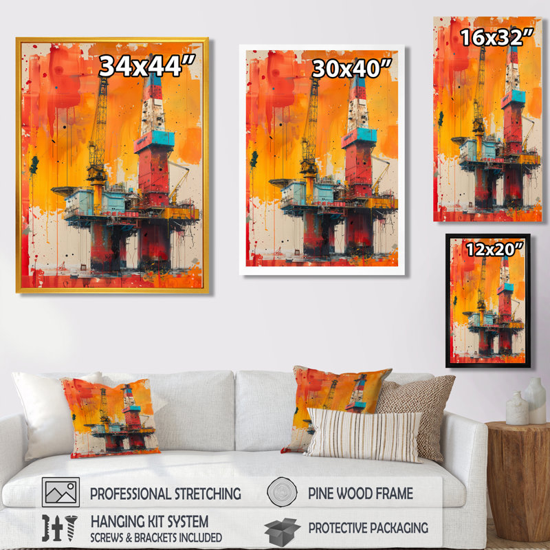 Orange, orange, plate-forme de pétrole, fond marin, rodéo, Toile avec cadre flottant brun, H 12 po x l 20 po x P 1 po