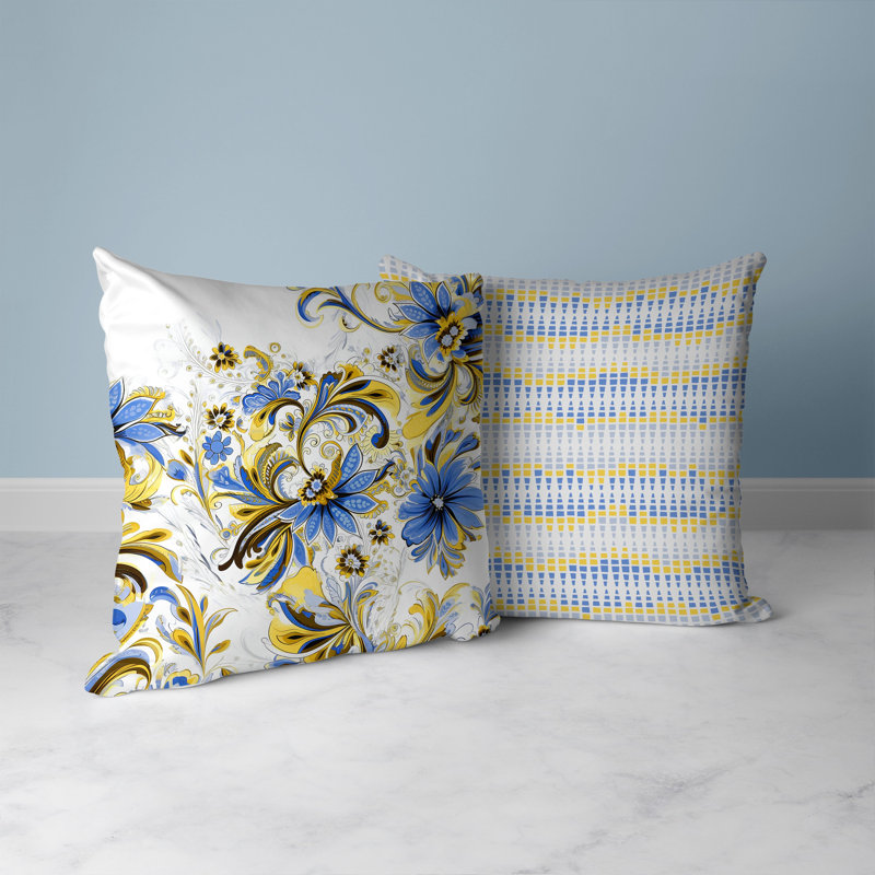 Coussin décoratif réversible Wild Flora Fusion, H 26 po x l 26 po, Floral bleu / jaune
