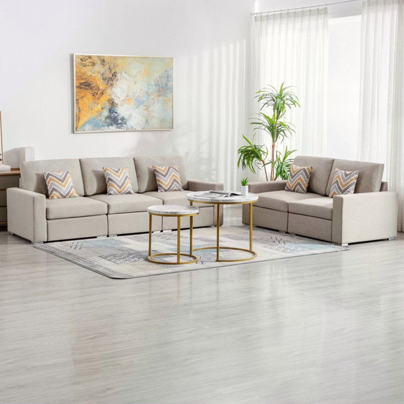 Ensemble de canapé et causeuse en tissu de lin beige Nolan avec pieds interchangeables et coussins décoratifs pour plus de confort et de style