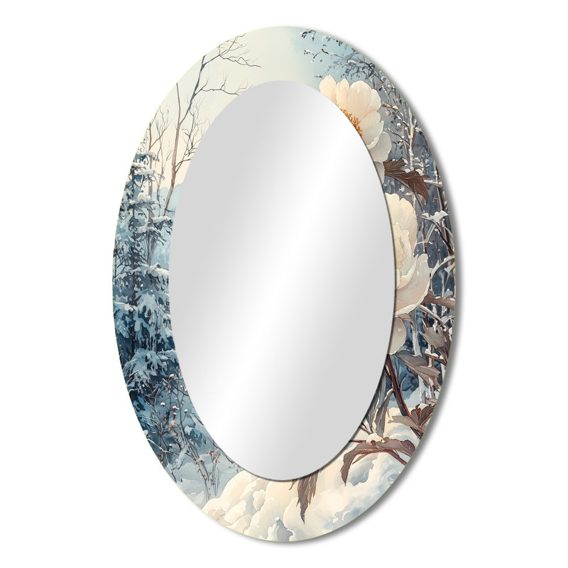 Snow Capped Peonies Into The Forest II - Large Oval Wall Mirror On Metal, 36" x 24"