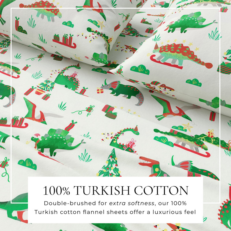 Ensemble de draps de Noël 100% flanelle de coton turc, Dinosaure de Noël, Grand avec deux taies d'oreiller