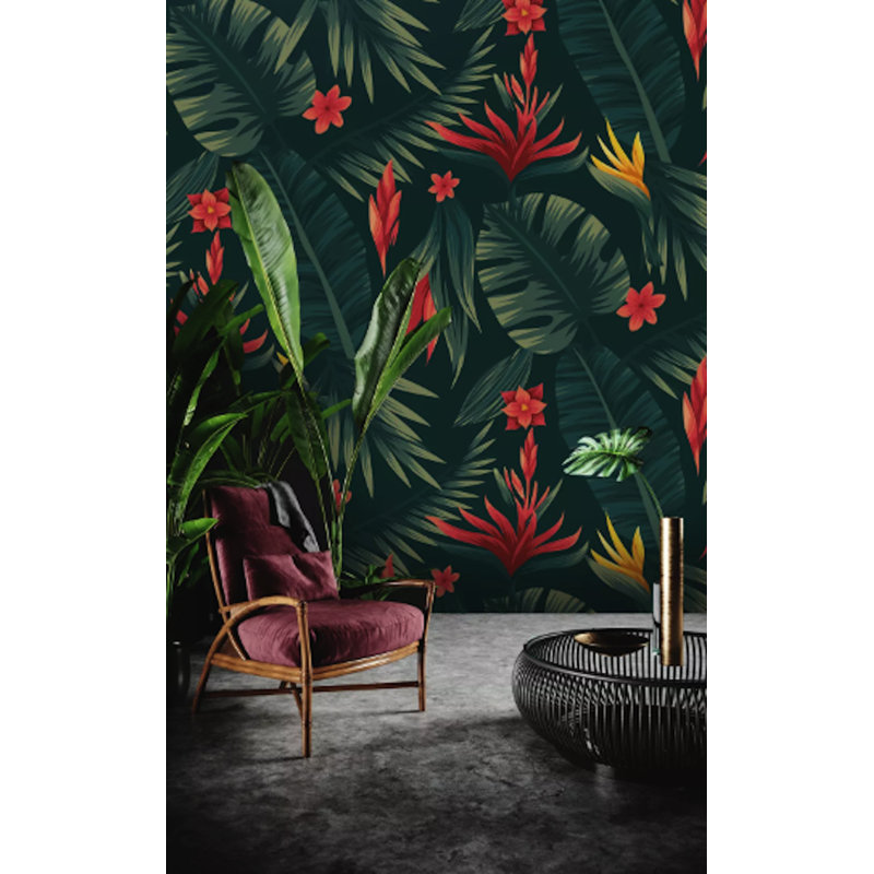 Red Floral Palm Leaf Vintage Flower Exotic Removable Wallpaper, 35.04" L x 55" W