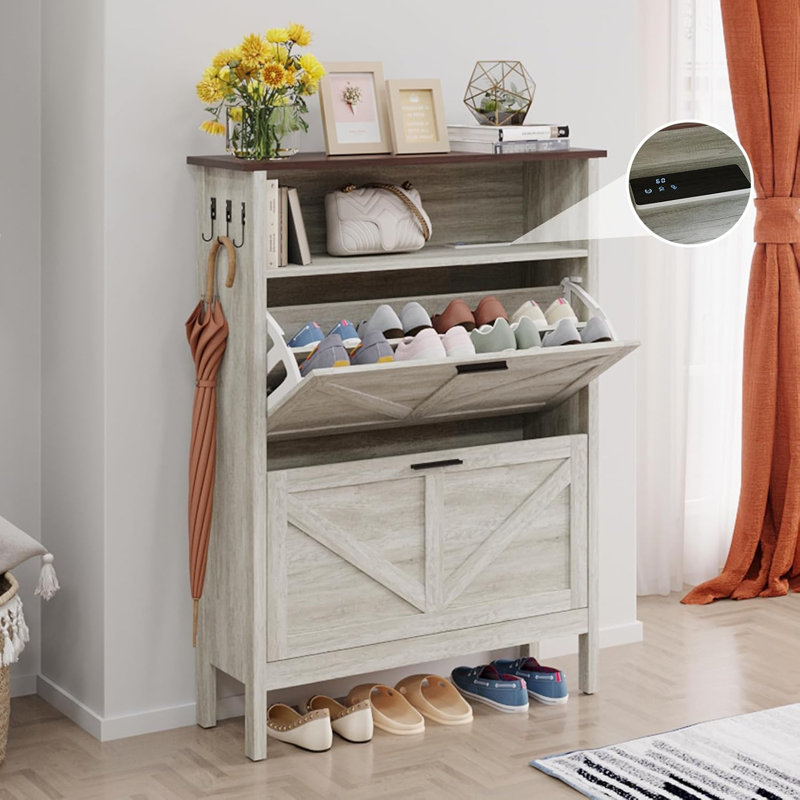 Shoe Storage Cabinet with 2 Flip Drawers,Automatic Deodorization Function, Freestanding Shoes Organizer Cabinet, Beige Oak