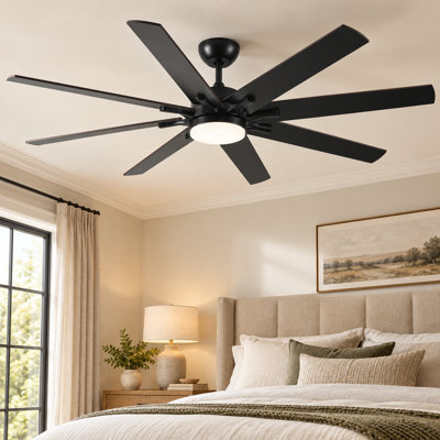 Grands ventilateurs de plafond de 72 pouces avec lumières et télécommande, ventilateur de plafond moderne noir intérieur / extérieur pour la cuisine du salon, moteur à courant continu silencieux réversible à 6 vitesses, 8 pales à finition double