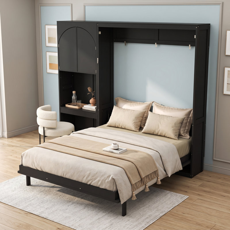 Grand lit escamotable 1 tiroir avec armoire latérale réversible et lumières DEL, Noir