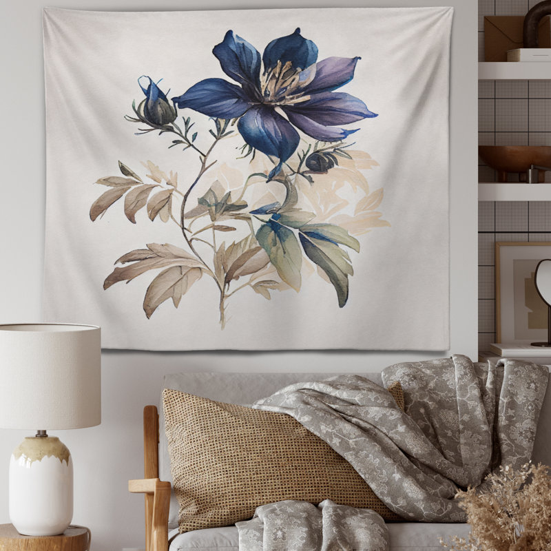Blue Vintage Flower Blooming I Polyester Tapestry, 32" H x 39" W
