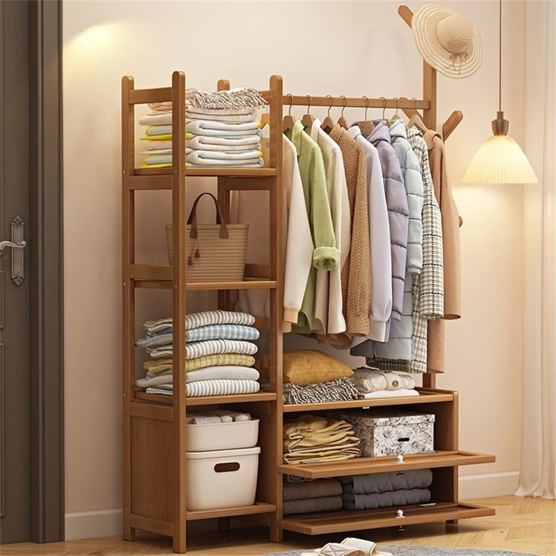 Portant à vêtements en bambou avec tablettes et crochets - Organisateur autoportant pour chambre à coucher