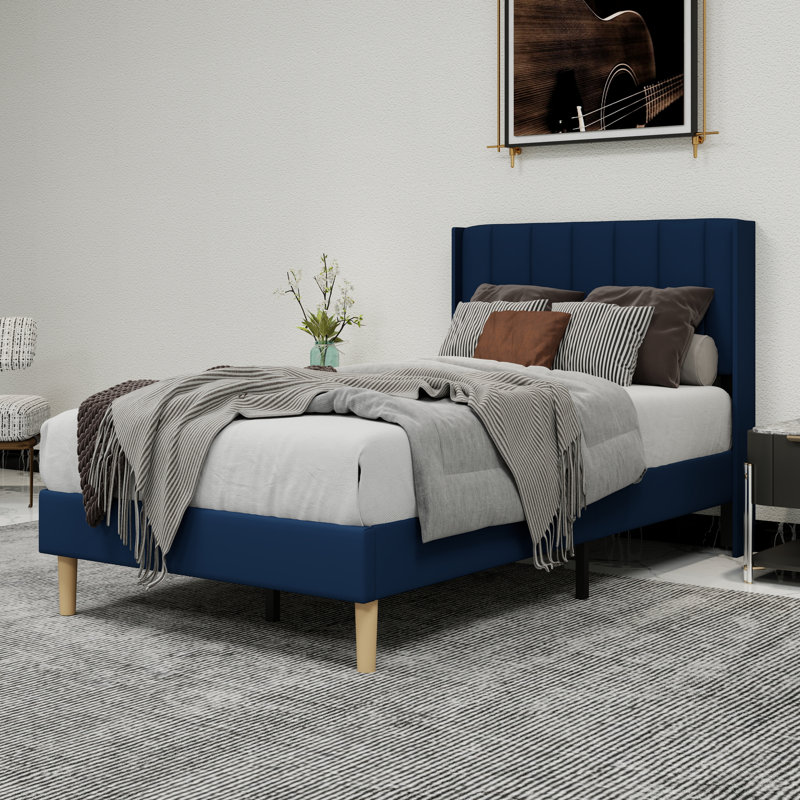 Lit plateforme tapissier avec tête de lit, Bleu, Simple
